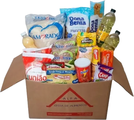 Cesta Básica Alfa 03: caixa de papelão da Cestas Alfa cheia de alimentos, como arroz, feijão, óleo, açúcar e macarrão