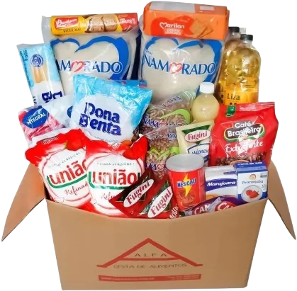Cesta Básica Alfa 05: caixa de papelão da Cestas Alfa cheia de alimentos, como arroz, feijão, óleo, açúcar e macarrão