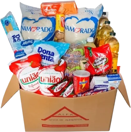 Cesta Básica Alfa 06, Premium: caixa de papelão da Cestas Alfa cheia de alimentos, como arroz, feijão, óleo, açúcar e macarrão