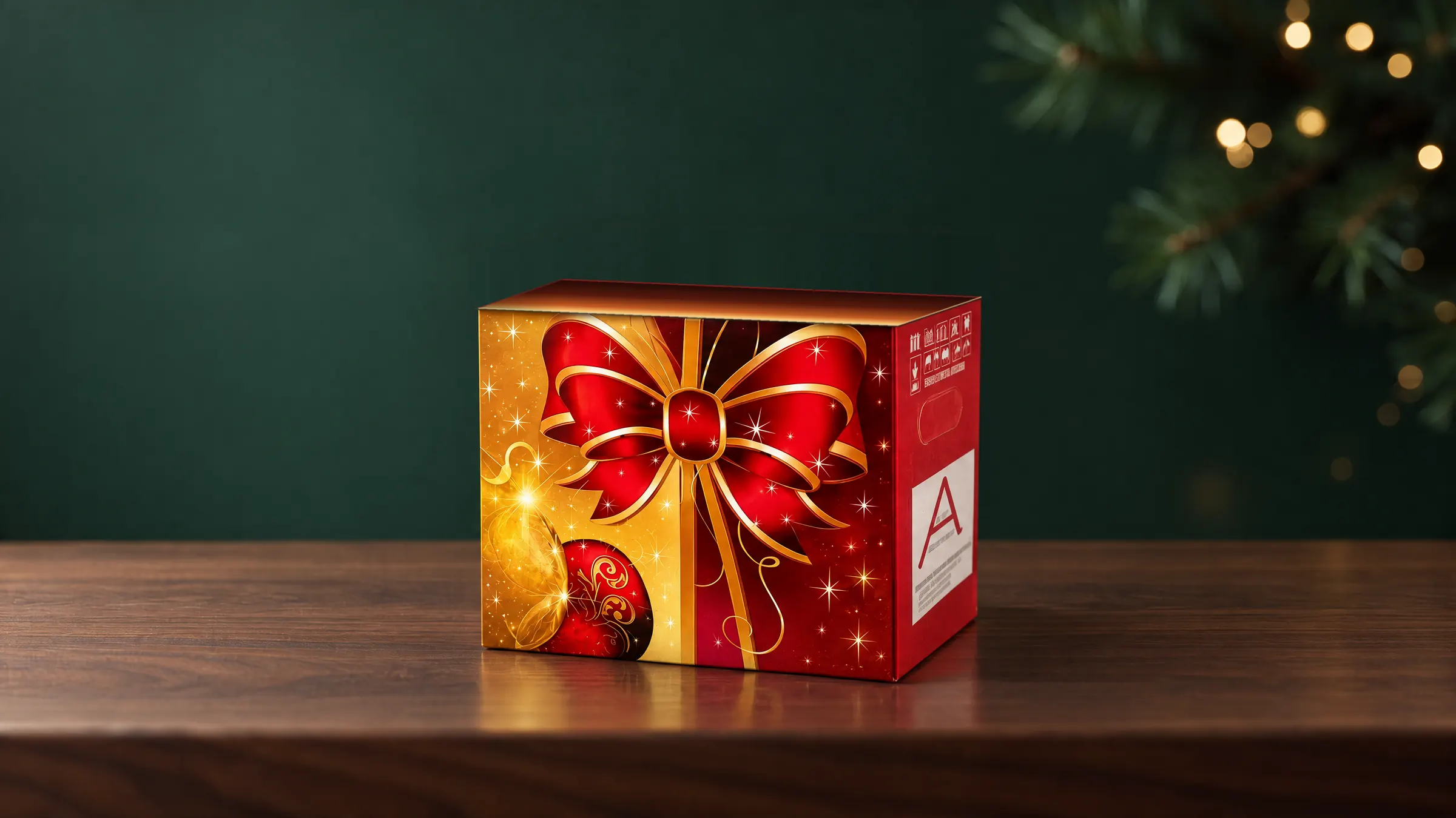 Caixa de presente vermelha e dourada da Cestas Alfa sobre uma mesa de madeira, com parede verde e luzes de Natal ao fundo