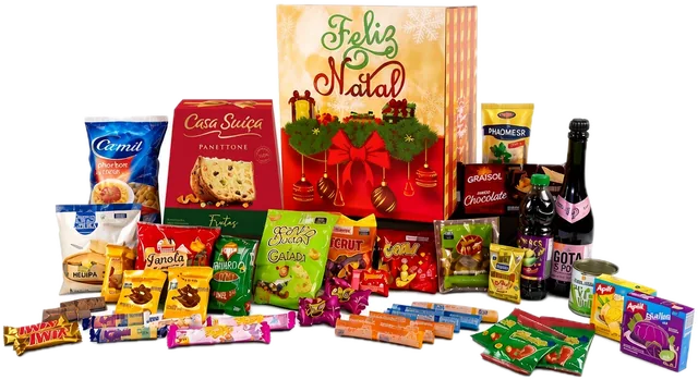 Cesta Amizade com 39 itens: caixa Feliz Natal, panetone Casa Suíça, espumante e itens para a ceia