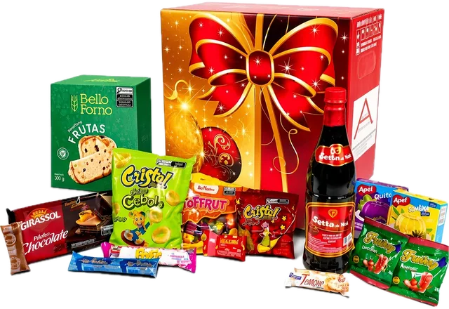 Cesta Amor com 17 itens: caixa vermelha e dourada com laço, panetone, vinho, chocolate e salgadinhos