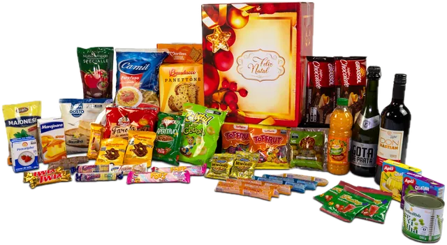 Cesta Emoção com 41 itens: caixa decorativa, panetone, vinho, espumante e itens para a ceia