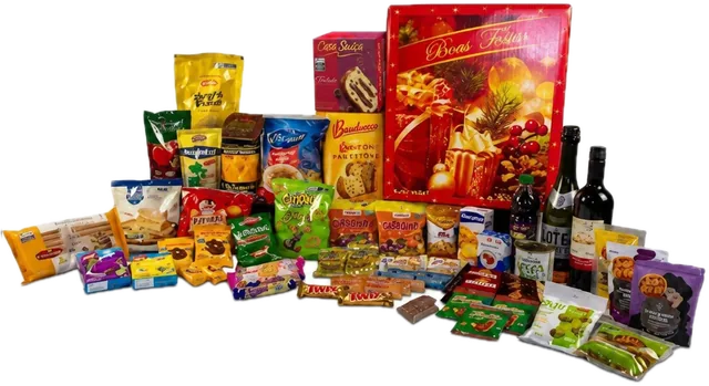 Cesta Executiva com 57 itens: caixa reforçada Boas Festas, dois panetones, vinhos, espumante e itens para a ceia