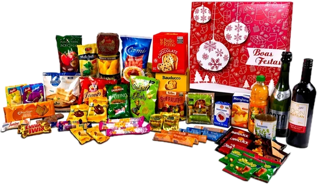 Cesta Felicidade com 48 itens: caixa Boas Festas, dois panetones, vinho, espumante e itens para a ceia