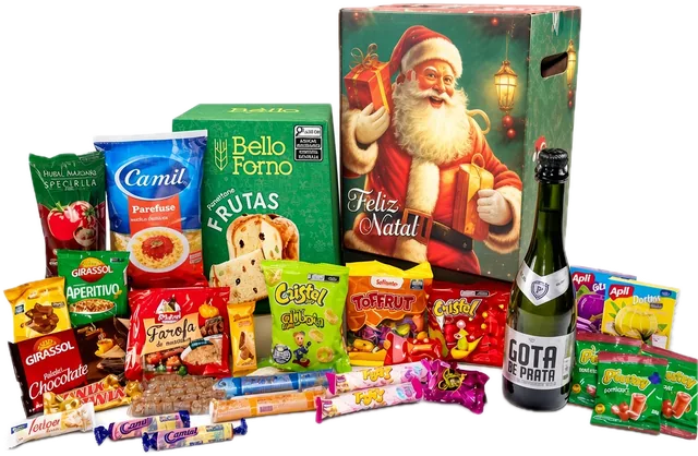 Cesta Gratidão com 30 itens: caixa com Papai Noel ilustrado, panetone, espumante, farofa e doces