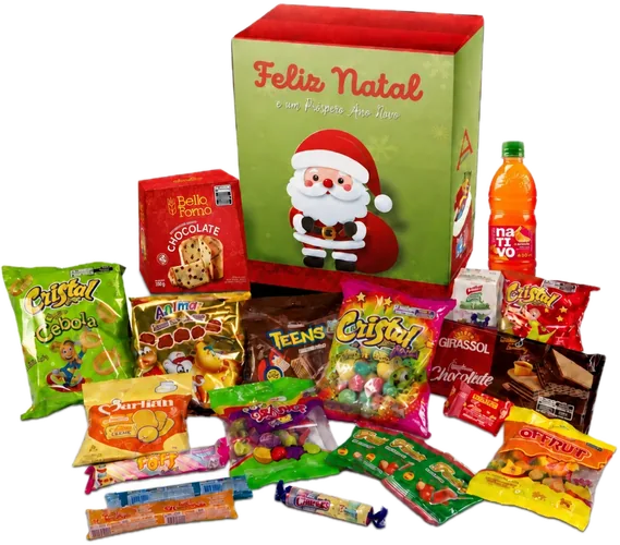 Cesta Kids com 19 itens: caixa verde com Papai Noel, panetone de chocolate, suco, balas e guloseimas