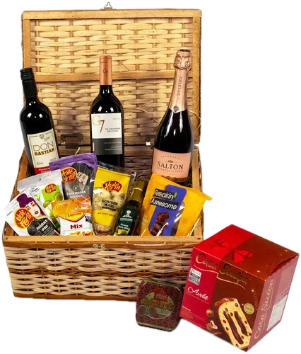Cesta Prosperidade com 15 itens: baú de vime com vinhos, espumante, panetone trufado, azeite e petiscos