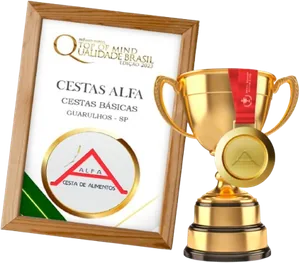 Certificado e troféu do Prêmio Top of Mind Qualidade Brasil recebidos pela Cestas Alfa